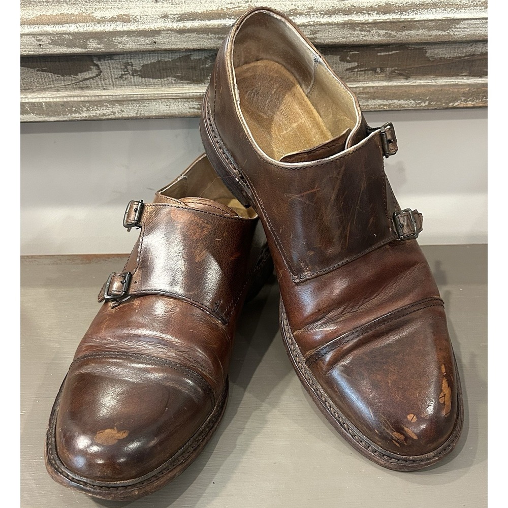 Frye Double Monk Strap Dress Shoes Mens Size 9D Brown Leather Cap Toe Oxford